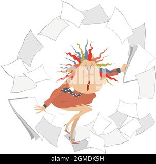 Verwirrt junge Frau und Tornado von Papieren. Verwirrte Frau mit Papieren in beiden Händen, umgeben von einem Wirbel von Dokumenten und Papieren, die auf Weiß isoliert waren Stock Vektor