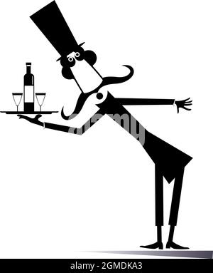 Comic-Mann trägt ein Tablett mit einer Flasche und zwei Gläser Illustration. Langer Schnurrbart im Zylinder trägt ein Tablett mit Alkoholgetränk und Brille schwarz Stock Vektor