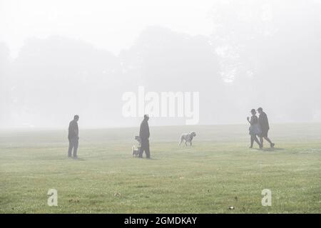 Großbritannien, Wetter. September 2021. In Abington Park, Northampton, trainieren die Menschen ihre Hunde, und beginnen den Tag mit einem nebligen Start in den Tag. Kredit: Keith J Smith./Alamy Live Nachrichten. Stockfoto