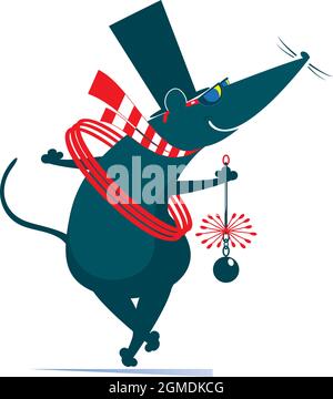 Cartoon Ratte oder Maus eine Schornsteinfeger Illustration. Lustige Ratte oder Maus ein Schornsteinfeger im Zylinder mit dem Seil und Schornsteinbürste isoliert auf w Stock Vektor