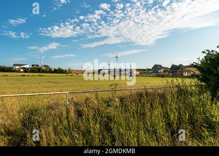 Ein Lauf für Pferde im Hintergrund eines Campingplatzes und Windmühlen, die saubere Energie erzeugen. Ländliche Landschaft und moderne Energiequellen. Ein schöner Sommer Stockfoto
