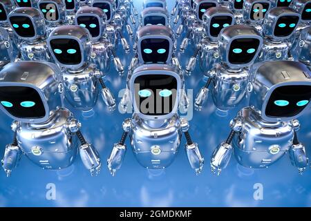 3d-Rendering-Gruppe von Automatisierungs- oder Hilfsrobotern Stockfoto