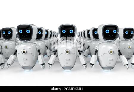 3d-Rendering-Gruppe von Automatisierungs- oder Hilfsrobotern Stockfoto