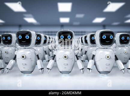 3d-Rendering-Gruppe von Automatisierungs- oder Hilfsrobotern Stockfoto