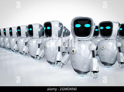 Führungskonzept mit 3d-Rendering-Assistenzroboter, der in einer Reihe steht Stockfoto