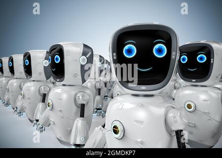 Führungskonzept mit 3d-Rendering-Assistenzroboter, der in einer Reihe steht Stockfoto