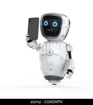 3d-Rendering niedlichen Roboter für künstliche Intelligenz oder Assistenzroboter mit Mobiltelefon Stockfoto
