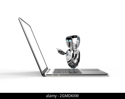 3d-Rendering niedlichen Roboter für künstliche Intelligenz oder Assistent Roboter mit Computer-Notebook Stockfoto