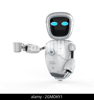 3d Rendering niedlichen Roboter für künstliche Intelligenz oder Assistent Roboter mit Tasse Stockfoto