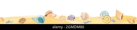 Frontalansicht der Küste. Gelber Sandstrand. Muscheln und Schneckenschalen. Nahaufnahme. Das isolierte Objekt auf weißem Hintergrund. Nahtlos Stock Vektor