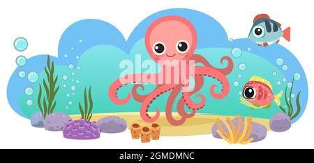Octopus und Fisch. Kleine Landschaft. Unterwasserwelt. Wilde Tiere. Meer, Meer. Sommerwasser. Isoliert auf weißem Hintergrund. Illustration in Cartoon Stock Vektor
