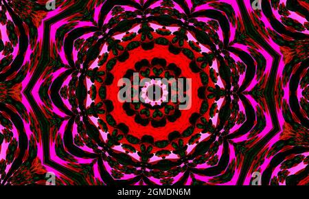 Kaleidoskopisch verändertes Bild von Stiefmütterchen mit Gartenblumen, Dianthus, die einem Mandala ähneln. Stockfoto