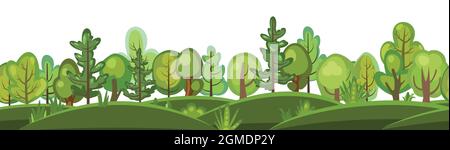 Flacher Wald. Horizontale nahtlose Komposition. Cartoon-Stil. Lustige grüne ländliche Landschaft. Level das Spiel. Komisches Hintergrunddesign. Nette Szene mit Stock Vektor
