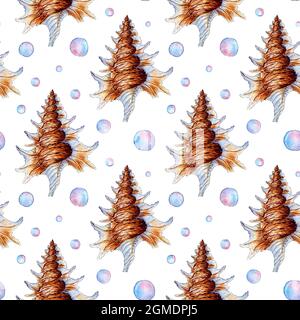 Aquarell-Illustration eines Musters aus großen beigefarbenen blauen Muscheln mit schönen Zähnen und Blasen. Unterwasserwelt. Tropische Muschel. Die äußere Skele Stockfoto