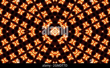 Warmgelbes Kaleidoskop. Im Herbst Mit Spiralmuster Und Tie-Dye-Muster. Kaleidoskopische Textur. Zigeunerkleid. Warme Farben Farbmix-Design. Indonesischer Stoff In Warmen Farben Stockfoto