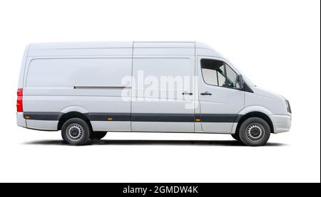 Weißer Lieferwagen, Seitenansicht mit leeren Platten isoliert auf weißem Hintergrund Stockfoto