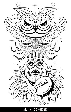 Handgezeichneter Porträtmann mit Federn und ethnischen Symbolen. Vektor Hand gezeichnet Hipster Illustration isoliert auf weißem Hintergrund.Boho Design, T-Shirt Stock Vektor