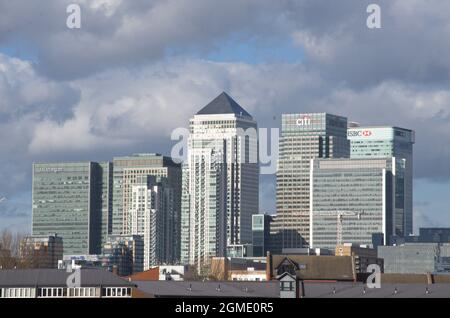 Skyline von Canary Wharf von Greenwich Hill. London, Großbritannien. Stockfoto