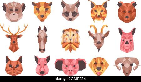 Polygonale geometrische Tiere Low-Poly-Porträts. Wild- und Haustiergesichter, Katze, Pferd, Waschbär, Ziege Vektor Illustration Set. Geometrisches Tier Stock Vektor