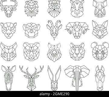 Polygonale geometrische lineare Tierfuchs, Hirsche, Bärenporträts. Tiere Köpfe, Eule, Löwe, Zebra und Affen dreieckige Porträts Vektor-Illustration-Set Stock Vektor
