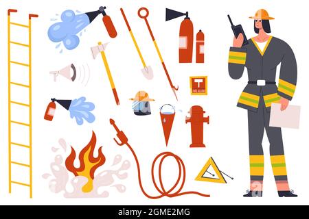 Feuerwehrmann, Feuerwehrmann-Charakter mit Werkzeugen zur Brandbekämpfung. Feuerwehrmann in Uniform mit Hydrant, Vektorgrafik Feuerlöscher Stock Vektor