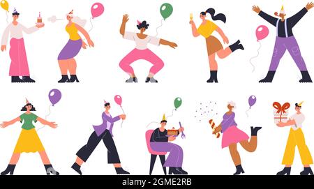 Menschen Geburtstag Party Urlaub feiern, tanzen, Spaß haben. Festliche Charaktere mit Geschenken, Ballons, Champagner, Kuchen Vektor Illustration Set Stock Vektor