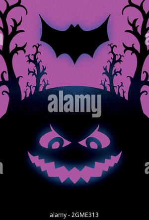 Neon grungy halloween Poster. halloween-Verkauf Banner Rabatt Flyer Vorlage für instagram Feeds und Geschichte. Halloween Hintergrund auf einem leuchtend violetten Bac Stock Vektor