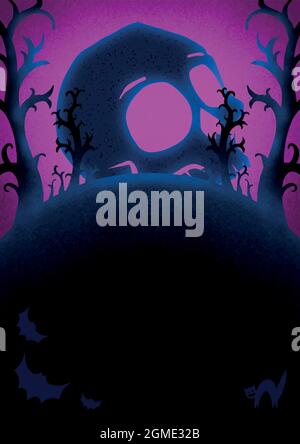 Vector Halloween. Horror Poster für Halloween. Vektor menschlicher Schädel. Neonfarbe auf schwarzem Hintergrund. Banner für fröhliches Halloween. Stock Vektor