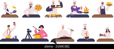 Restaurantköche, Köche, Food-Blogger kochen Gerichte. Restaurantköche, Food-Blogger, kulinarische Show Teilnehmer Porträts Vektor Illustration Set Stock Vektor