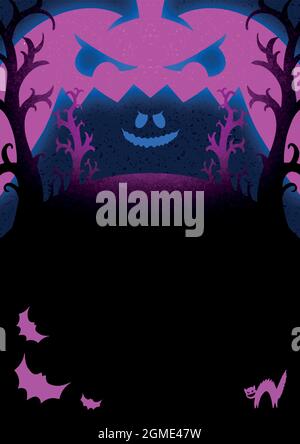 Fröhliches Halloween-Banner. Neon Kürbis Silhouette auf einem lila Lichter Hintergrund. Stock Vektor