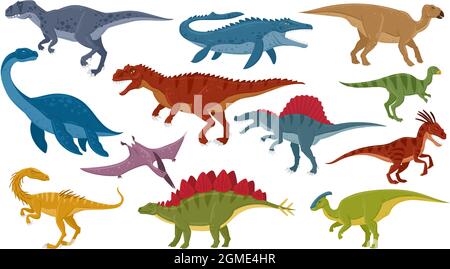 Cartoon-Dinosaurier, ausgestorbene Dino-Greifvögel aus dem jura, Raubtiere und Pflanzenfresser. Jurassische Dinosaurier Reptil, Tyrannosaurus, Stegosaurus, Pterodactyl Vektor Stock Vektor