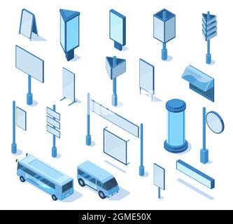 Isometrische Straße Außenmedien Werbung 3d leere Plakatwände. Leere Straßenplakate, Beschilderung, Werbesäulen-Vektor-Illustrationsset. Im Freien Stock Vektor