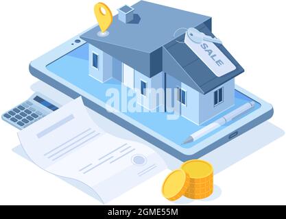 Isometrisches Kauf Traumhaus Konzept, Immobilienagentur Service. Immobilien-Kauf, Sweet Home Kauf Vektor-Illustration. Smartphone-App Stock Vektor