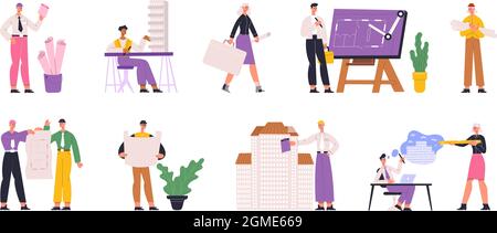 Bauherren, Ingenieure, Architekten professionelle Bauarbeiter. Architekt Menschen Beruf Vektor Illustration Set. Professioneller Ingenieur Stock Vektor