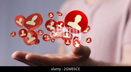3D-Rendering von menschlichen Symbolen mit einer Hand berührt es aus dem Hintergrund-digitalen Netzwerk-Konzept Stockfoto