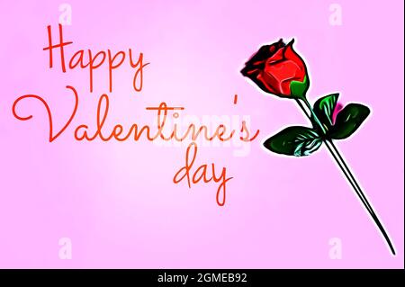 Alles Liebe zum Valentinstag mit roter Rose auf rosa Hintergrund. Stockfoto