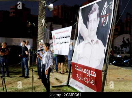 Saida, Libanon. September 2021. Die Volksnasserist Organisation feiert den 39. Jahrestag der Gründung der libanesischen Nationalen Widerstandsfront, Saida, Libanon, September 17 2021. Die LNRF-Bewegung (Jabhat al-Muqawama al-Wataniyya al-Lubnaniyya auf Arabisch) wurde am 16 1982. September gegründet, am selben Tag, an dem die israelische Armee in West-Beirut eintrat.(Elisa Gestri/Sipa USA) Quelle: SIPA USA/Alamy Live News Stockfoto