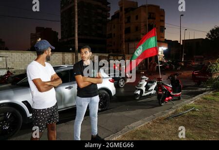 Saida, Libanon. September 2021. Die Volksnasserist Organisation feiert den 39. Jahrestag der Gründung der libanesischen Nationalen Widerstandsfront, Saida, Libanon, September 17 2021. Die LNRF-Bewegung (Jabhat al-Muqawama al-Wataniyya al-Lubnaniyya auf Arabisch) wurde am 16 1982. September gegründet, am selben Tag, an dem die israelische Armee in West-Beirut eintrat.(Elisa Gestri/Sipa USA) Quelle: SIPA USA/Alamy Live News Stockfoto