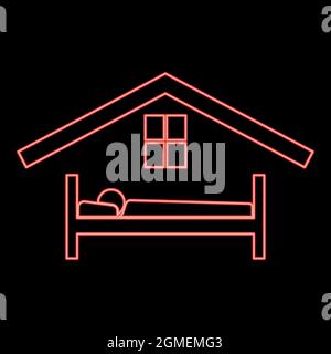 Neon Mann im Bett Hotel rot Farbe Vektor Illustration flachen Stil Licht Bild Stock Vektor