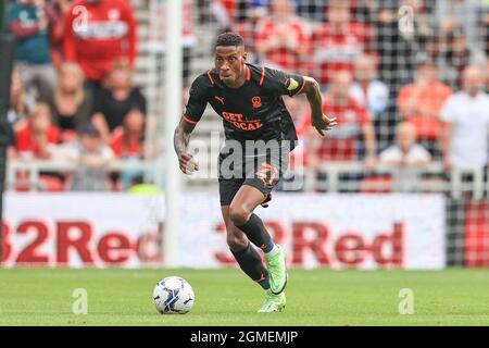 Middlesbrough, Großbritannien. September 2021. Marvin Ekpiteta #21 von Blackpool Breaks in Middlesbrough, Vereinigtes Königreich am 9/18/2021. (Foto von Mark Cosgrove/News Images/Sipa USA) Quelle: SIPA USA/Alamy Live News Stockfoto