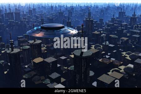 Eine fliegende Untertasse Fliegen über Einer Stadt. Stockfoto