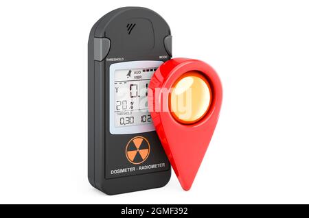 Strahlungsdosimeter mit Kartenzeiger. 3D-Rendering auf weißem Hintergrund isoliert Stockfoto