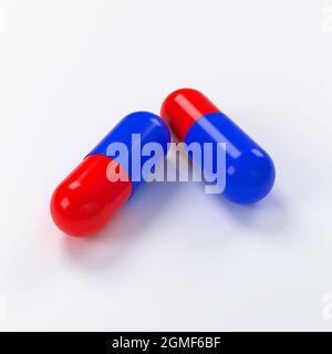 Rote und blaue Pille isolieren sich auf weißem Hintergrund. 3d-Rendering Stockfoto