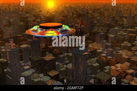 Eine fliegende Untertasse Fliegen über Einer Stadt. Stockfoto