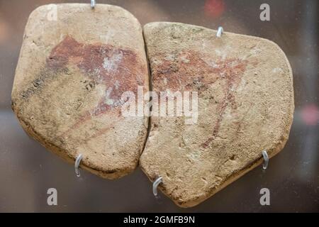 Thrombozyt verziert mit zoomorphen Figur, Mittelpaläolithikum, Hunsberg, Museo de la evolución humana, MEH, Burgos , Spanien. Stockfoto