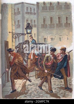 España. Los Mártires Españoles. Atentado frustrado en la calle del Desengaño de Madrid en noviembre de 1843 contra Ramón María Narváez Campos (1799-1868), político y militar español. Cromolitografía de 1900. Stockfoto