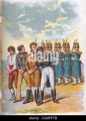 España. Los Mártires Españoles. José María de Torrijos Uriarte (1791-1831), militar español, ante el pelotón de fusilamiento en la playa de San Andrés de Málaga por su levantamiento contra el absolutismo del rey Fernando VII. Cromolitografía de 1900. Stockfoto