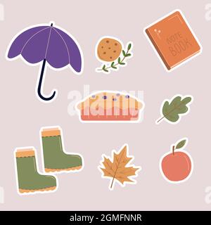 Set von Vektor-handgezeichneten Hygge-Sticker von Herbst-Elementen. Gemütlicher Herbst. Regenschirm, Keks, Beerenpastete, Gummistiefel. Stockfoto