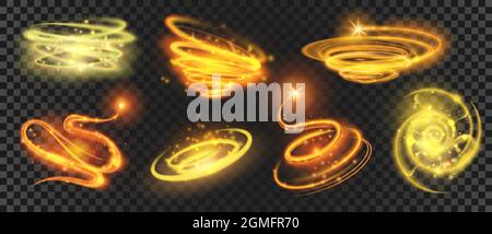 Glänzende goldene magische Spiralen und Kreise mit funkelnder Staubpartikel. Glitzernder Glanz wirbelt. Sternschnuppe mit Bewegungseffekt. Magic Light Trail Vektorset Stock Vektor