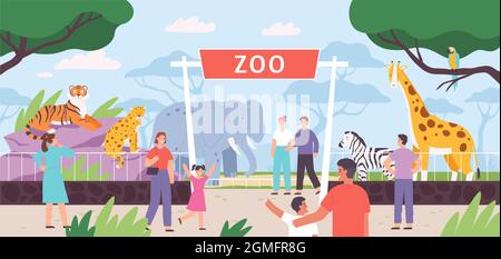 Flache Tore zum Zoo mit Besucherfamilie und Kindern. Cartoon Safari Park mit Menschen und afrikanischen Savannen Tiere in Käfigen Vektorlandschaft Stock Vektor